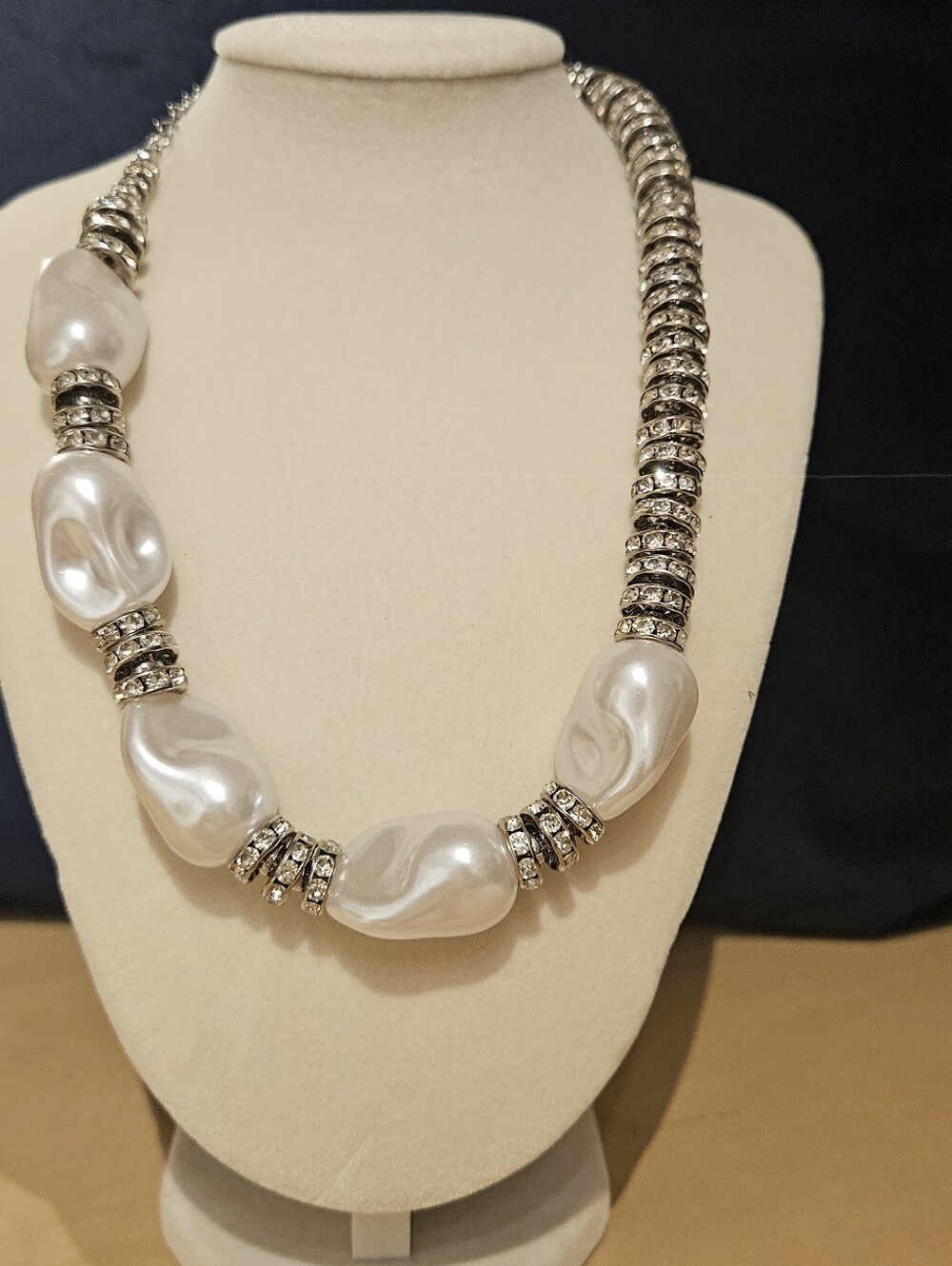 Pearl-Style Bead Statement Necklace in White and Silver Pave Shine
